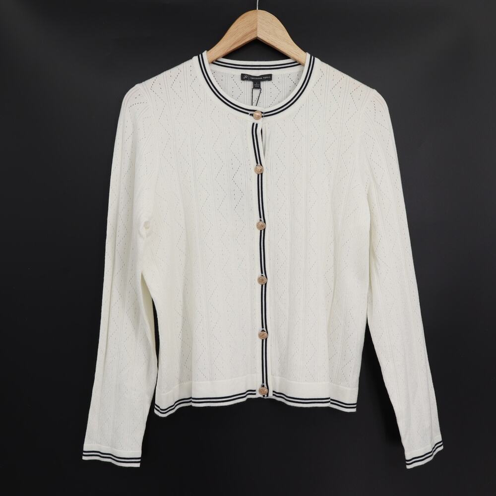 Adrianna Papell NWT Pointelle Sz L Tipped Contrast Knit Cardigan Gold Buttons